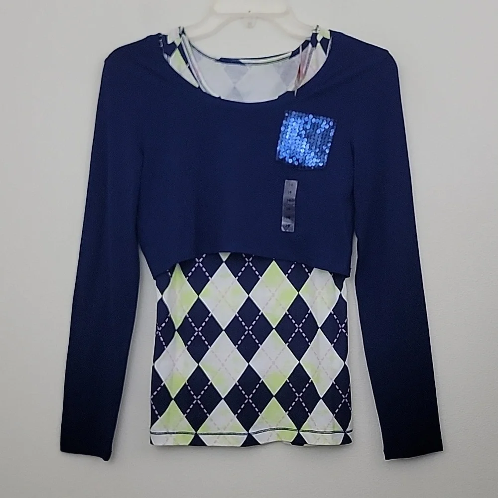 NWT Justice Navy Multicolored Double Layer Long Sleeve Top 14